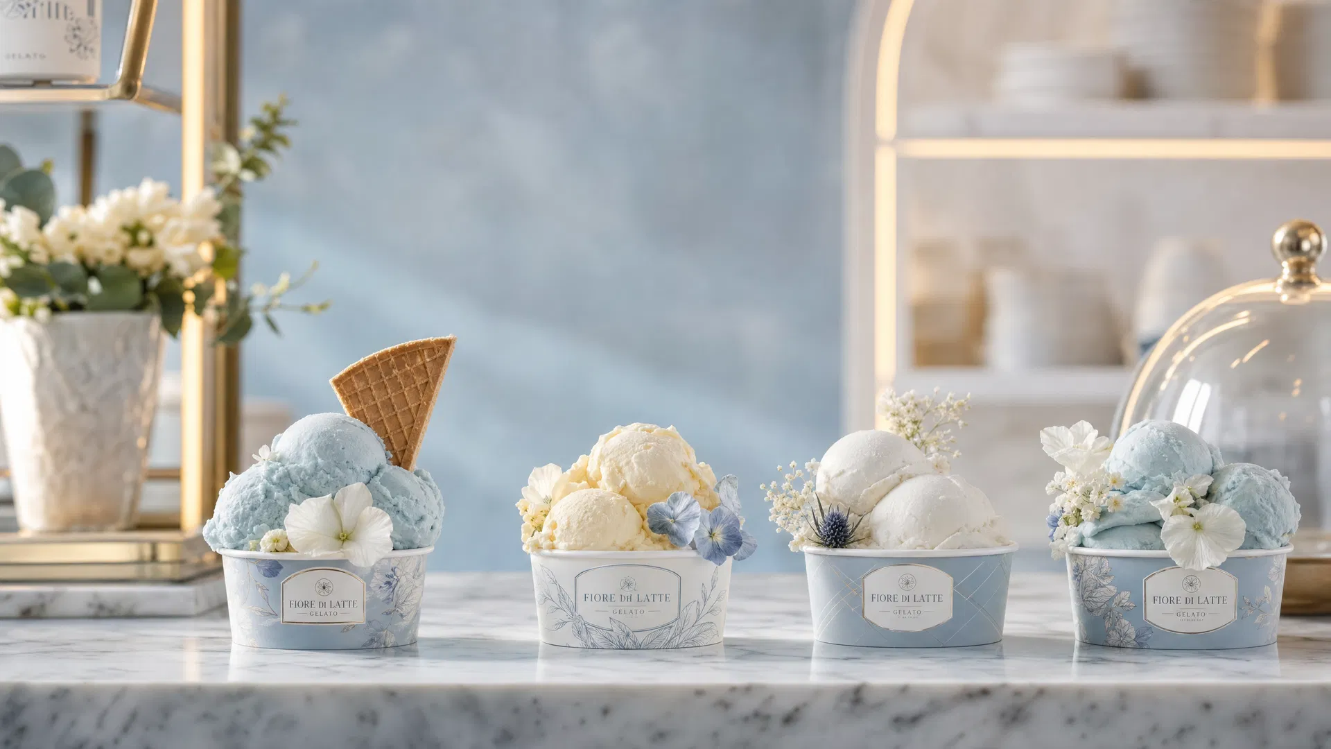 Artisan gelato cups on marble counter